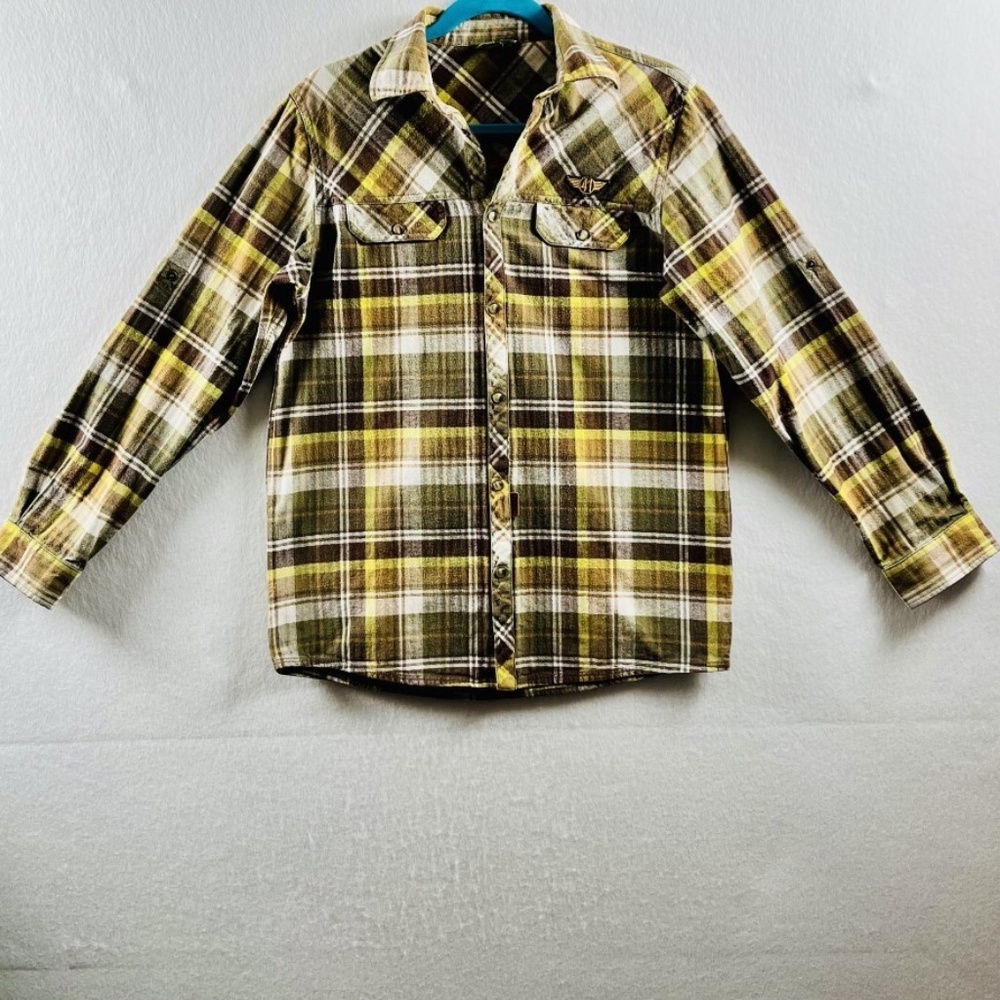 VTG JEEP Men's Roll Tab Sleeve Plaid Cotton Flannel Snap Closure Shirt Sz Med